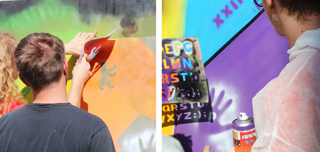 Stenciltechnik beim Finish des Graffiti-Kunstwerkes im Yaam Kunsthof
