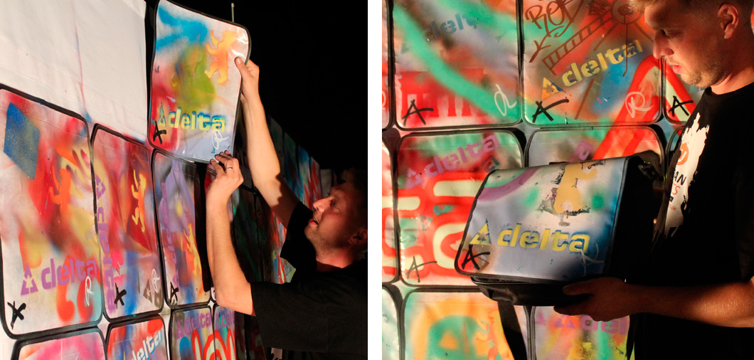 Incentive-Graffitti-Workshop: Finale mit zusammensetzen der Taschenteile zur Graffitti-Taschen als Give Away